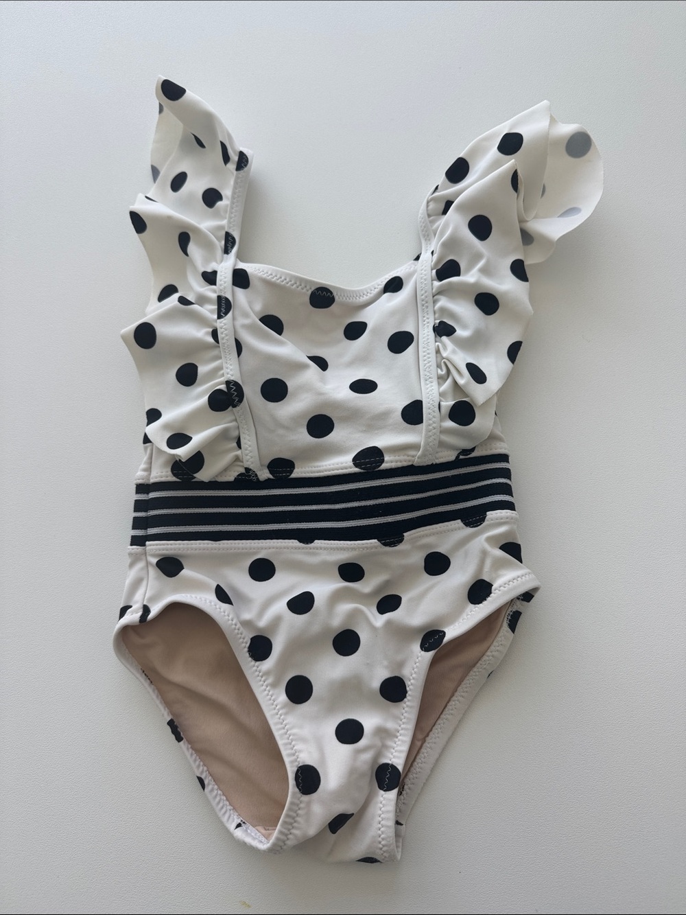 Toddler Black & White Polka Dot Ruffle One-Piece Swimsuit with Striped Waist